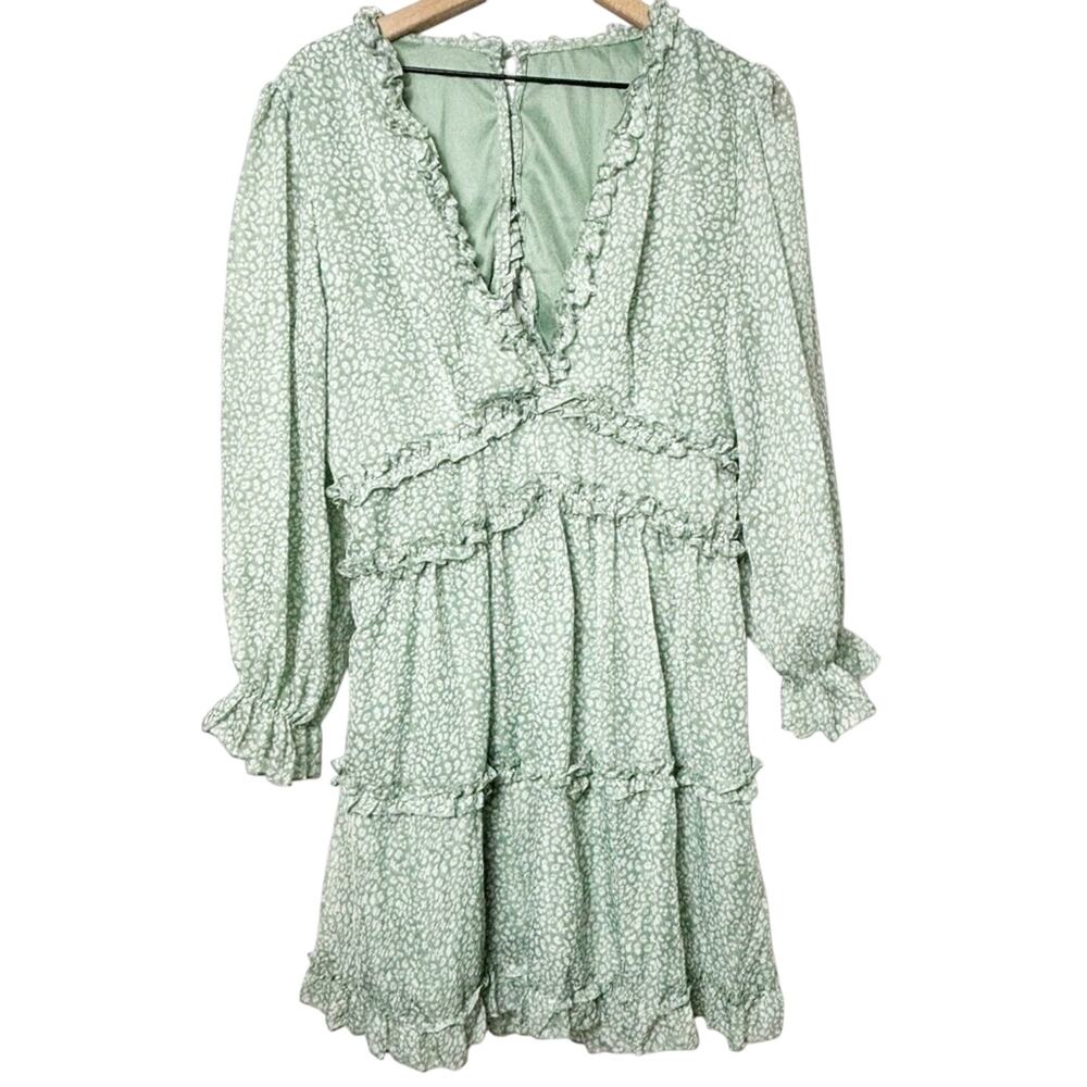 Green Women Long Sleeve Ruffle Layer Backless Mini XL Dress NEW WITHOUT TAGS